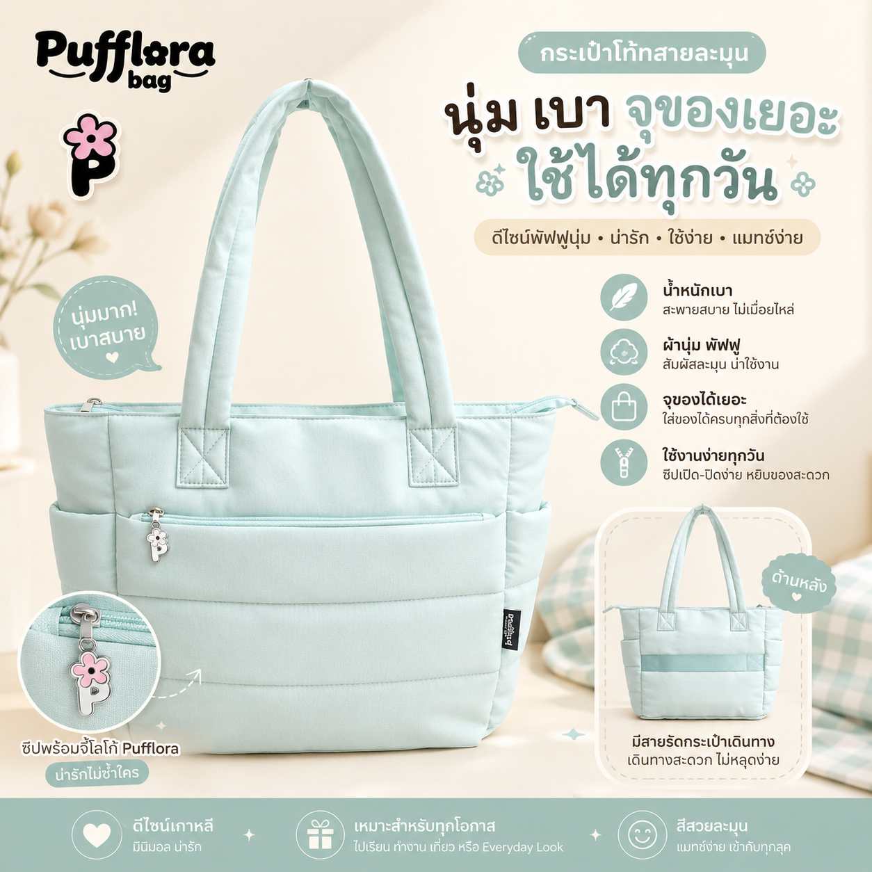 Pufflora กระเป๋าสะพายข้าง กระเป๋าถือ กระเป๋าโน้ตบุ๊ค รุ่น Colorful Tote Bag ใบใหญ่ ใส่Laptop/iPadได้ น้ำหนักเบา ช่องเก็บของหลายช่อง ความจุเยอะ วัสดุกันน้ำ