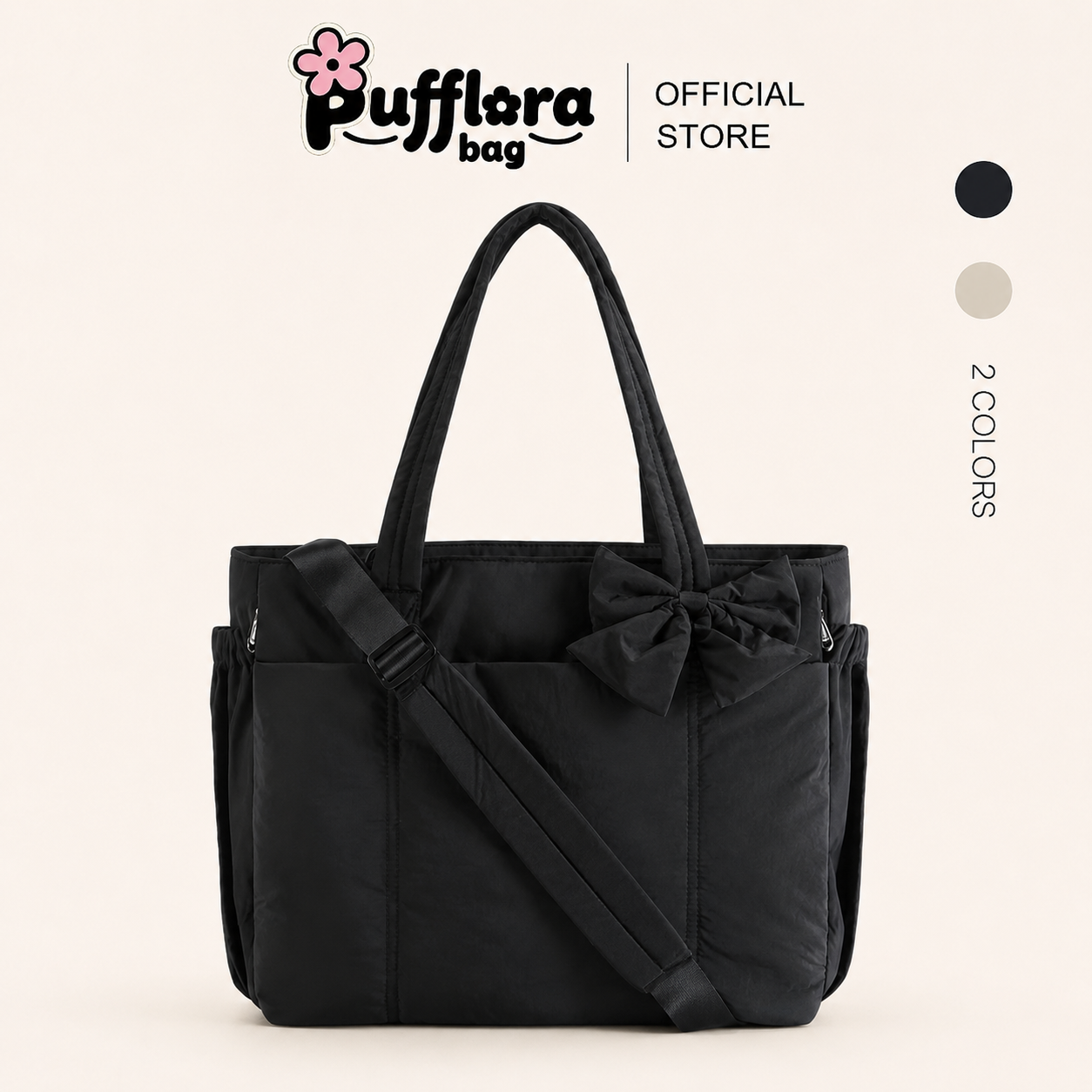 Pufflora กระเป๋าสะพายข้าง ดีเทลรุ่นโบว์ รุ่น Ribbon Puff Bag มีสายปรับความยาวได้ Tote Bag ขนาด 15.6 นิ้ว ใส่โน้ตบุ๊คได้ พร้อมส่ง