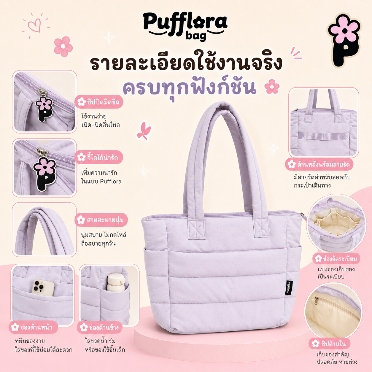 Pufflora กระเป๋าสะพายข้าง กระเป๋าถือ กระเป๋าโน้ตบุ๊ค รุ่น Colorful Tote Bag ใบใหญ่ ใส่Laptop/iPadได้ น้ำหนักเบา ช่องเก็บของหลายช่อง ความจุเยอะ วัสดุกันน้ำ