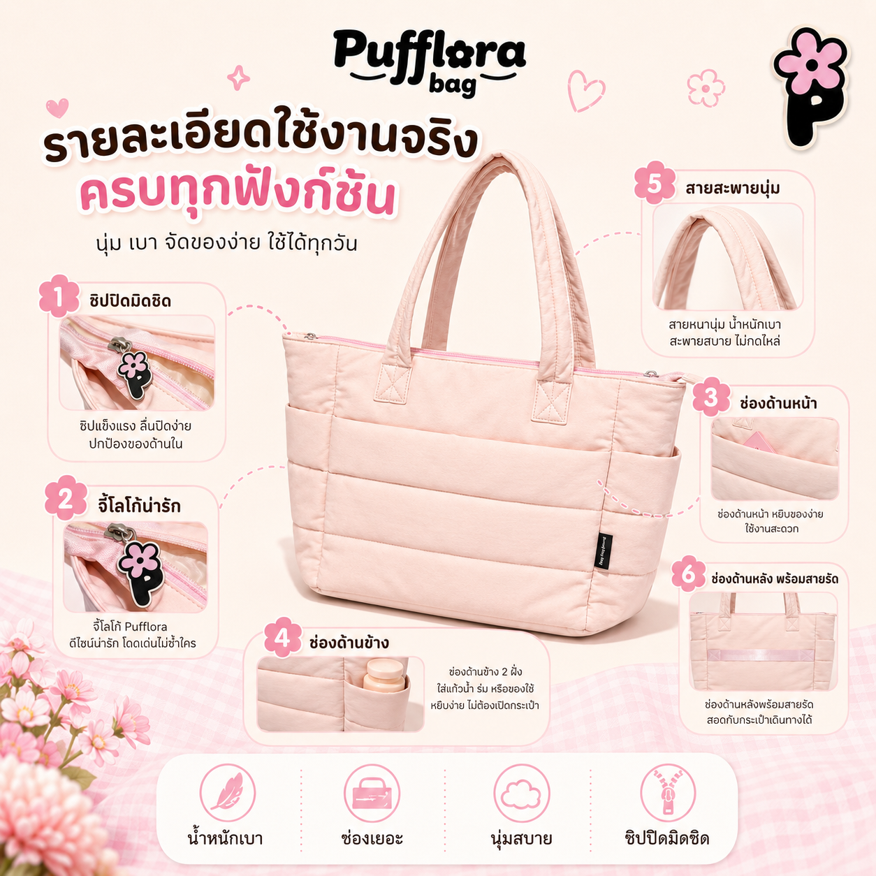 Pufflora กระเป๋าสะพายข้าง กระเป๋าถือ กระเป๋าโน้ตบุ๊ค รุ่น Colorful Tote Bag ใบใหญ่ ใส่Laptop/iPadได้ น้ำหนักเบา ช่องเก็บของหลายช่อง ความจุเยอะ วัสดุกันน้ำ