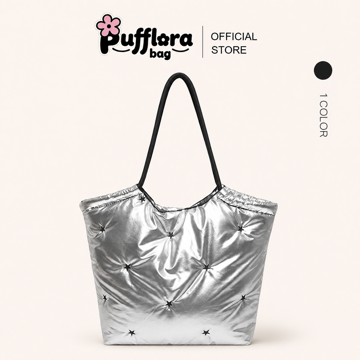Pufflora กระเป๋าโท้ท กระเป๋าถือ กระเป๋าสะพาย รุ่น Puffy Polaris สีเงินเมทัลลิคสุดล้ำ ประดับดีเทลหมุดดาวสไตล์ Y2K วัสดุหนานุ่ม น้ำหนักเบา พกพาสะดวก