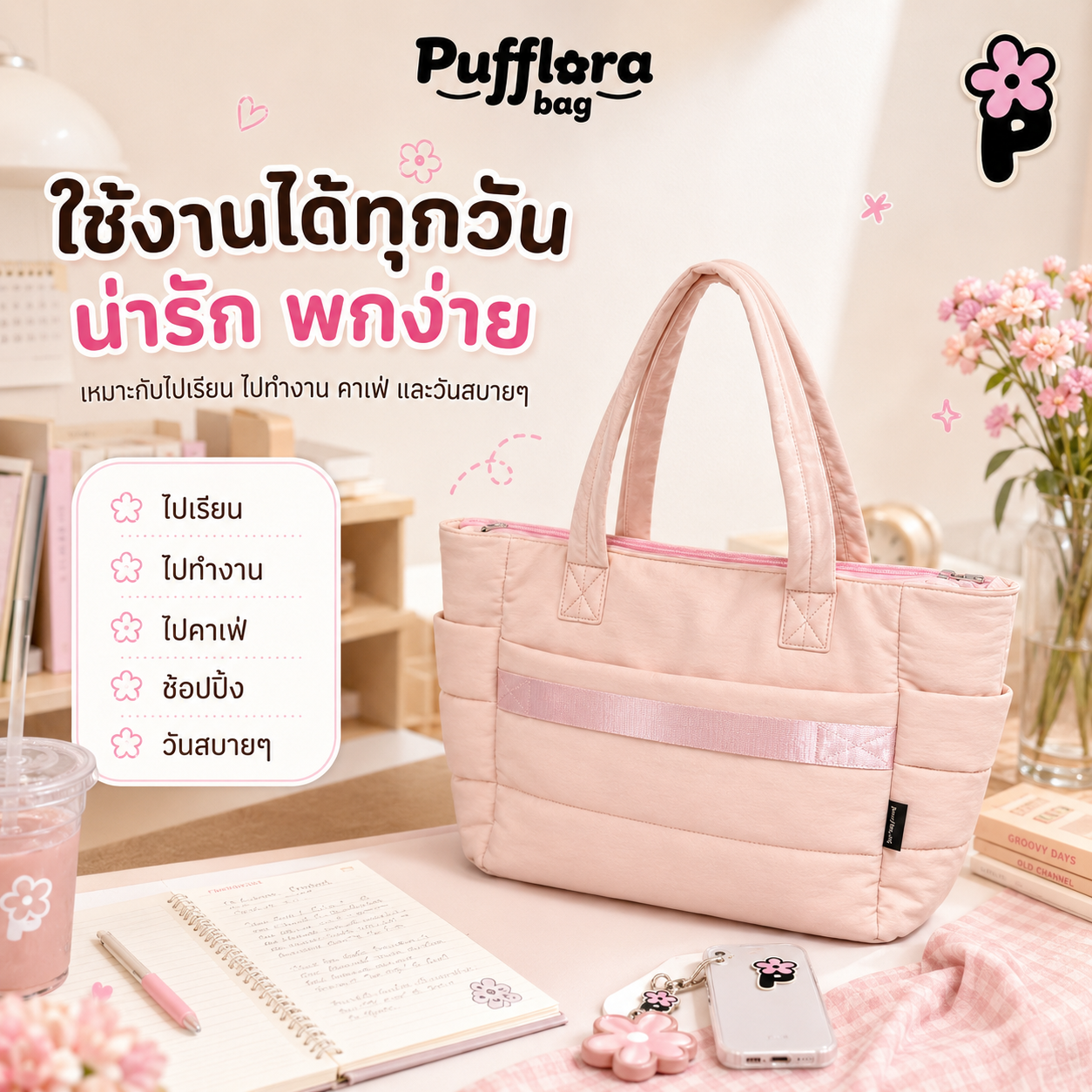 Pufflora กระเป๋าสะพายข้าง กระเป๋าถือ กระเป๋าโน้ตบุ๊ค รุ่น Colorful Tote Bag ใบใหญ่ ใส่Laptop/iPadได้ น้ำหนักเบา ช่องเก็บของหลายช่อง ความจุเยอะ วัสดุกันน้ำ