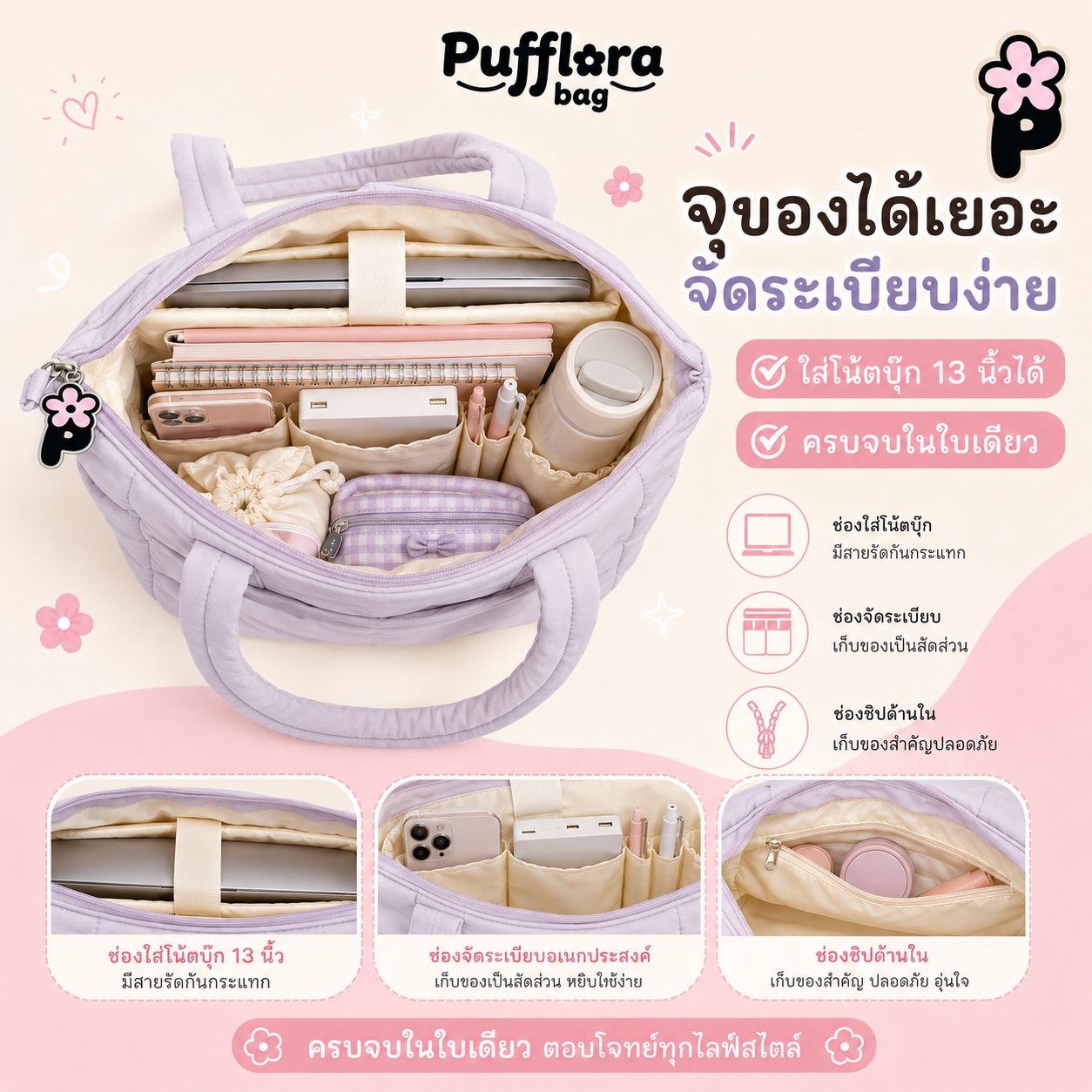 Pufflora กระเป๋าสะพายข้าง กระเป๋าถือ กระเป๋าโน้ตบุ๊ค รุ่น Colorful Tote Bag ใบใหญ่ ใส่Laptop/iPadได้ น้ำหนักเบา ช่องเก็บของหลายช่อง ความจุเยอะ วัสดุกันน้ำ