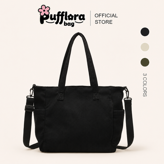 Pufflora กระเป๋าผ้าลูกฟูก รุ่น Multi-Way Bag ใบใหญ่ จุของเยอะ ใส่ A4/iPad ได้ มีซิป สไตล์เกาหลี ดีไซน์มินิมอล ถือคล้องแขนหรือสะพายข้างก็ได้
