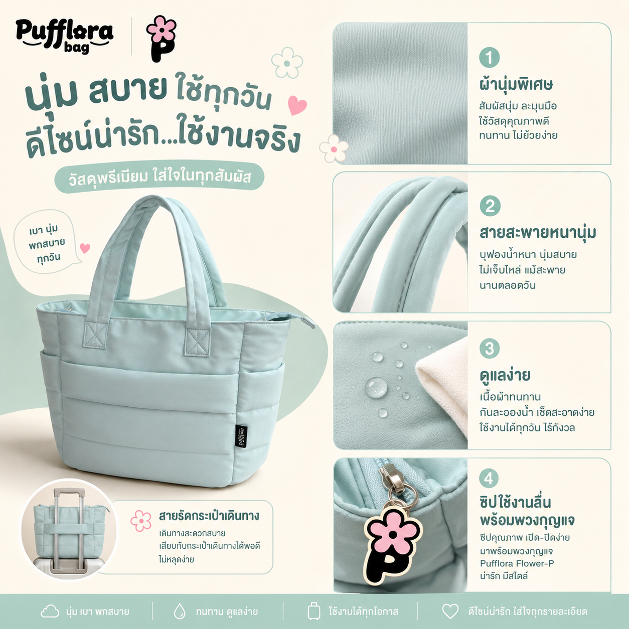 Pufflora กระเป๋าสะพายข้าง กระเป๋าถือ กระเป๋าโน้ตบุ๊ค รุ่น Colorful Tote Bag ใบใหญ่ ใส่Laptop/iPadได้ น้ำหนักเบา ช่องเก็บของหลายช่อง ความจุเยอะ วัสดุกันน้ำ