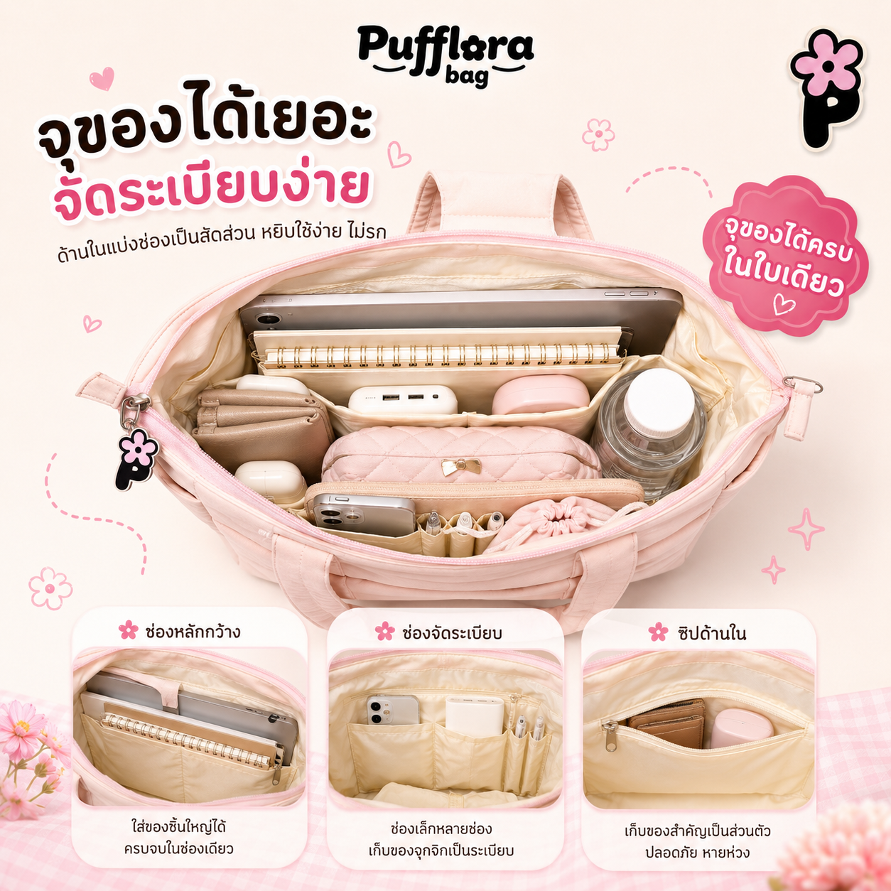 Pufflora กระเป๋าสะพายข้าง กระเป๋าถือ กระเป๋าโน้ตบุ๊ค รุ่น Colorful Tote Bag ใบใหญ่ ใส่Laptop/iPadได้ น้ำหนักเบา ช่องเก็บของหลายช่อง ความจุเยอะ วัสดุกันน้ำ