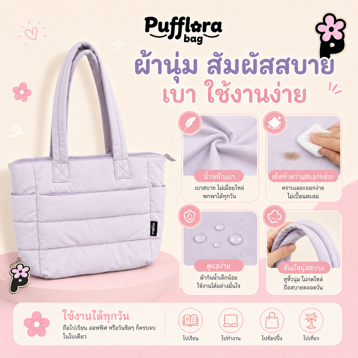 Pufflora กระเป๋าสะพายข้าง กระเป๋าถือ กระเป๋าโน้ตบุ๊ค รุ่น Colorful Tote Bag ใบใหญ่ ใส่Laptop/iPadได้ น้ำหนักเบา ช่องเก็บของหลายช่อง ความจุเยอะ วัสดุกันน้ำ