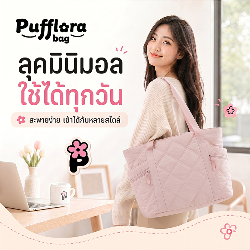 Pufflora กระเป๋าสะพาย รุ่น Diamond Pro กระเป๋าใส่โน๊ตบุ๊ค/iPad ใบใหญ่ จุของเยอะ มีช่องแบ่งหลายช่อง ทรงสวยสไตล์เกาหลี
