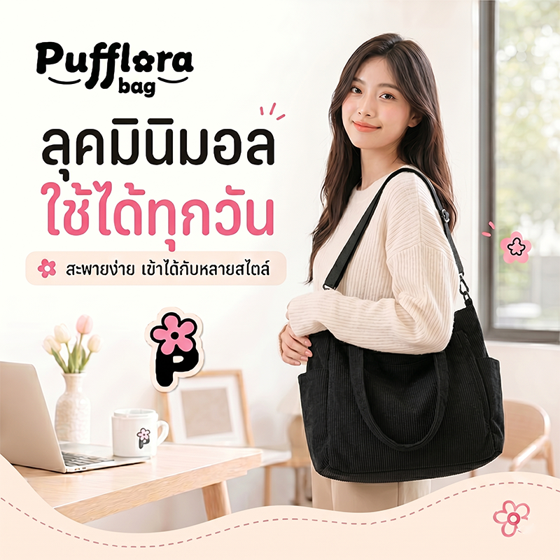 Pufflora กระเป๋าผ้าลูกฟูก รุ่น Multi-Way Bag ใบใหญ่ จุของเยอะ ใส่ A4/iPad ได้ มีซิป สไตล์เกาหลี ดีไซน์มินิมอล ถือคล้องแขนหรือสะพายข้างก็ได้
