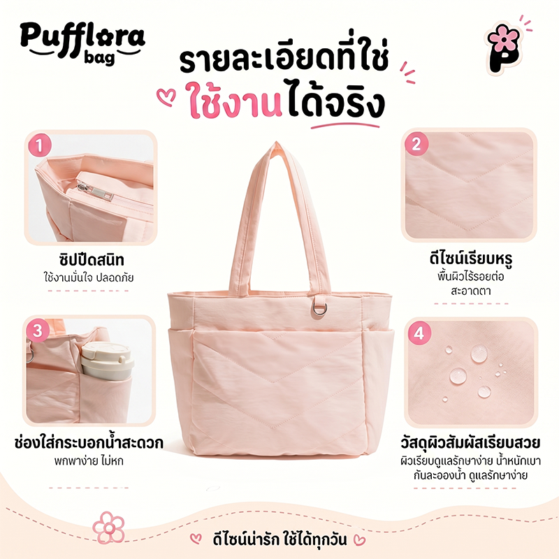 Pufflora กระเป๋าผู้หญิง กระเป๋าใส่โน้ตบุ๊ค กระเป๋าสะพายข้าง รุ่น Comfort Tote กระเป๋าโท้ท ใบใหญ่ ใส่Laptop/iPadได้ น้ำหนักเบา ช่องเก็บของหลายช่อง ความจุเยอะ วัสดุกันน้ำ