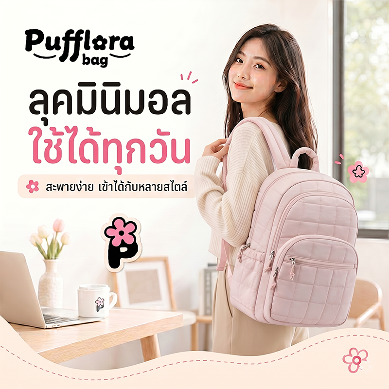 Pufflora กระเป๋าเป้สะพายหลัง รุ่น Cloudy Backpack นุ่ม ไม่เจ็บไหล่ ช่องแยกประเภท ใส่ของได้เยอะ ใส่โน๊ตบุ๊ค 15.6 นิ้วได้
