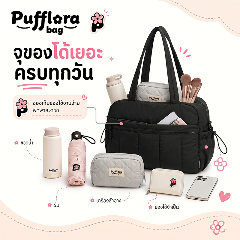 Pufflora กระเป๋าเดินทาง กระเป๋ายิม รุ่น Fit & Fly Bag ใบใหญ่ จุของได้เยอะ ช่องแบ่งหลายช่อง เหมาะสำหรับเล่นกีฬาและเดินทาง