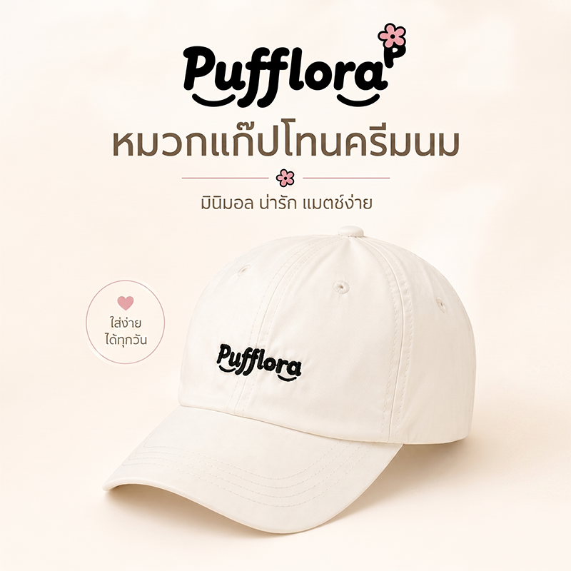 Pufflora หมวกแฟชั่น หมวกแก็ปผู้หญิง หมวกเบสบอล Classic Cap น้ำหนักเบา ใส่สบาย ไม่กดทับศีรษะ สายปรับระดับได้