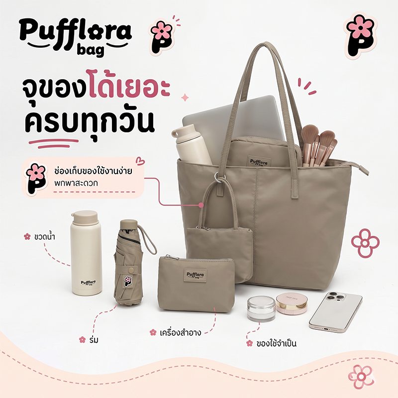 Pufflora กระเป๋าสะพาย กระเป๋าโท้ท กระเป๋าถือ รุ่น Carry-All Tote ความจุเยะ วัสดุกันน้ำ กระเป๋า2in1 พกพาสะดวก