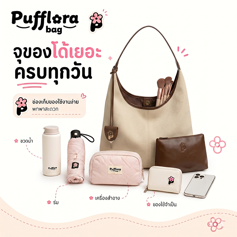Pufflora กระเป๋าสะพายข้าง รุ่น Terra Tote หนังPUคุณภาพสูงสไตล์เกาหลี มาพร้อมกระเป๋าใบเล็ก ไซส์ใหญ่ใส่ของจุใจ สัมผัสนุ่ม ทรงสวย