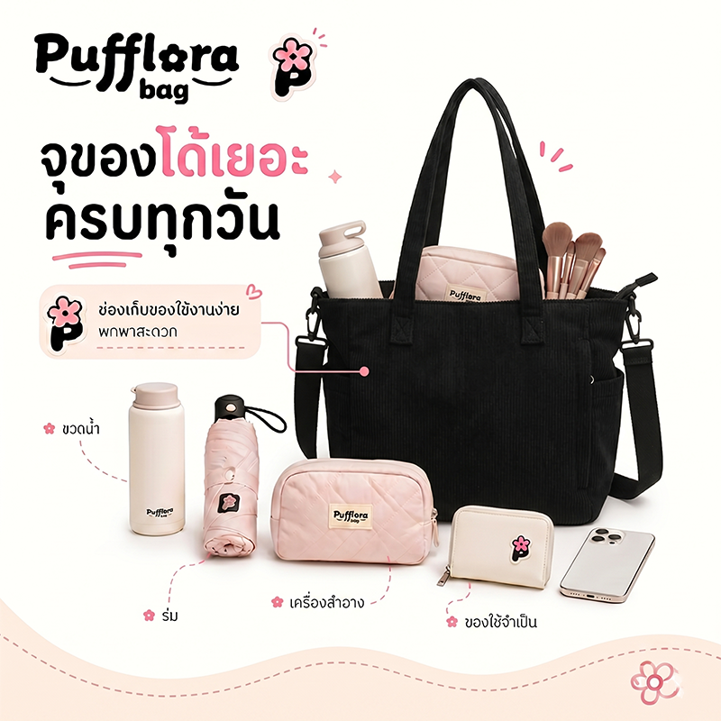 Pufflora กระเป๋าผ้าลูกฟูก รุ่น Multi-Way Bag ใบใหญ่ จุของเยอะ ใส่ A4/iPad ได้ มีซิป สไตล์เกาหลี ดีไซน์มินิมอล ถือคล้องแขนหรือสะพายข้างก็ได้