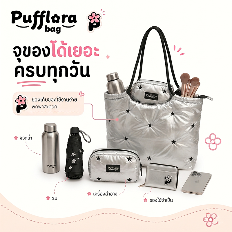 Pufflora กระเป๋าโท้ท กระเป๋าถือ กระเป๋าสะพาย รุ่น Puffy Polaris สีเงินเมทัลลิคสุดล้ำ ประดับดีเทลหมุดดาวสไตล์ Y2K วัสดุหนานุ่ม น้ำหนักเบา พกพาสะดวก