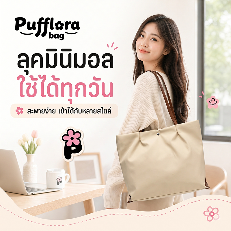 Pufflora กระเป๋าสะพายข้าง รุ่น Cozy Tote กระเป๋าโท้ท กระเป๋าถือ วัสดุกันน้ำ ความจุเยอะ น้ำหนักเบา ช่องซิปปิดมิดชิด สไตล์เกาหลี