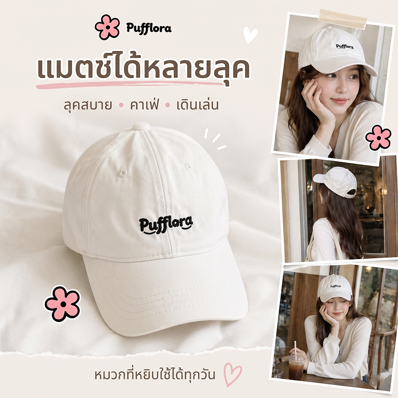Pufflora หมวกแฟชั่น หมวกแก็ปผู้หญิง หมวกเบสบอล Classic Cap น้ำหนักเบา ใส่สบาย ไม่กดทับศีรษะ สายปรับระดับได้