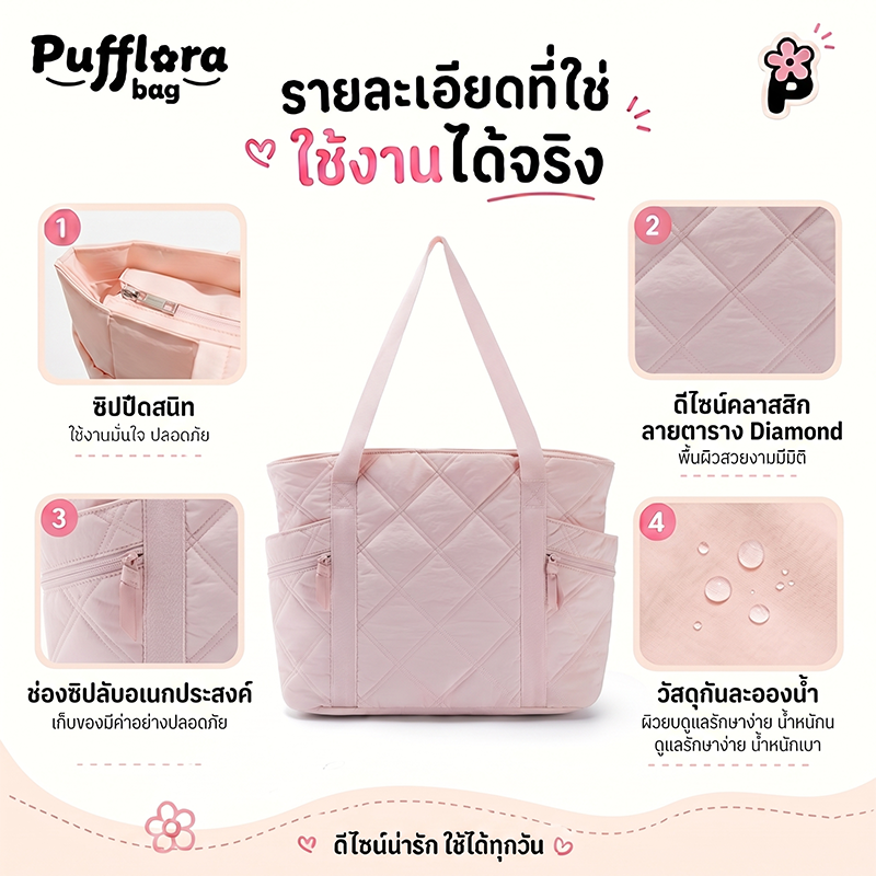 Pufflora กระเป๋าสะพาย รุ่น Diamond Pro กระเป๋าใส่โน๊ตบุ๊ค/iPad ใบใหญ่ จุของเยอะ มีช่องแบ่งหลายช่อง ทรงสวยสไตล์เกาหลี