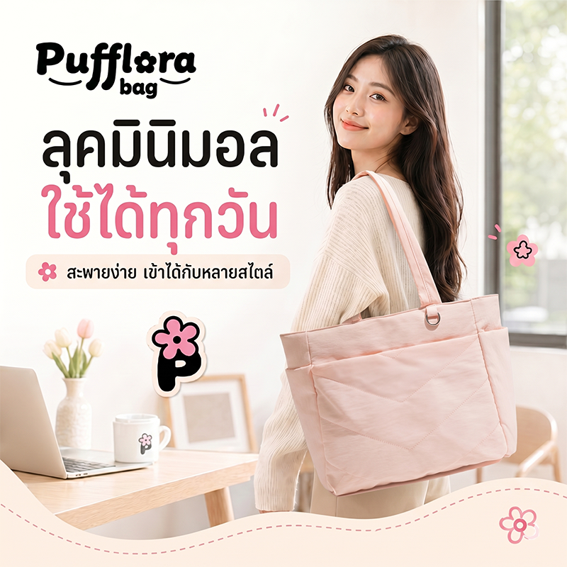 Pufflora กระเป๋าผู้หญิง กระเป๋าใส่โน้ตบุ๊ค กระเป๋าสะพายข้าง รุ่น Comfort Tote กระเป๋าโท้ท ใบใหญ่ ใส่Laptop/iPadได้ น้ำหนักเบา ช่องเก็บของหลายช่อง ความจุเยอะ วัสดุกันน้ำ