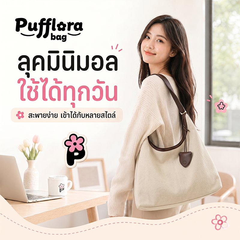 Pufflora กระเป๋าสะพายข้าง รุ่น Terra Tote หนังPUคุณภาพสูงสไตล์เกาหลี มาพร้อมกระเป๋าใบเล็ก ไซส์ใหญ่ใส่ของจุใจ สัมผัสนุ่ม ทรงสวย