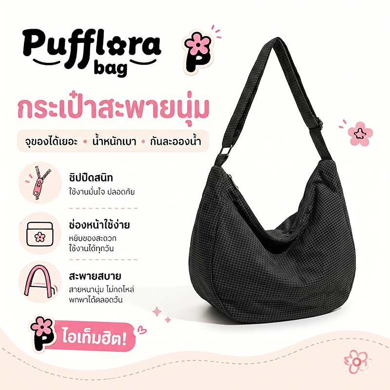 Pufflora กระเป๋าสะพายข้าง รุ่น Active Tote Bag กระเป๋าโท้ท Tote bag สายปรับระดับได้ ใส่ของได้เยอะ