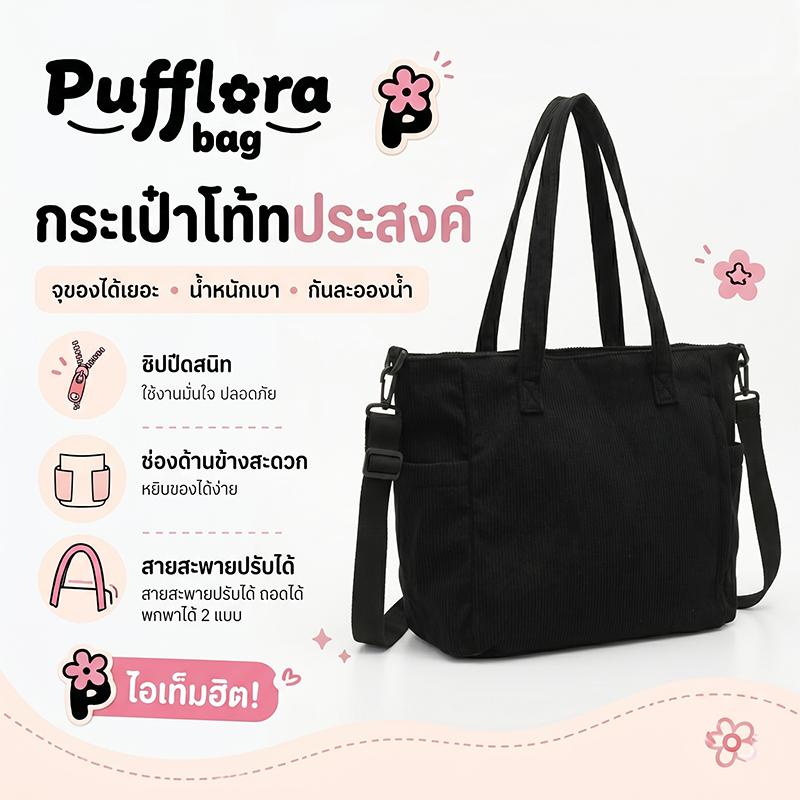Pufflora กระเป๋าผ้าลูกฟูก รุ่น Multi-Way Bag ใบใหญ่ จุของเยอะ ใส่ A4/iPad ได้ มีซิป สไตล์เกาหลี ดีไซน์มินิมอล ถือคล้องแขนหรือสะพายข้างก็ได้