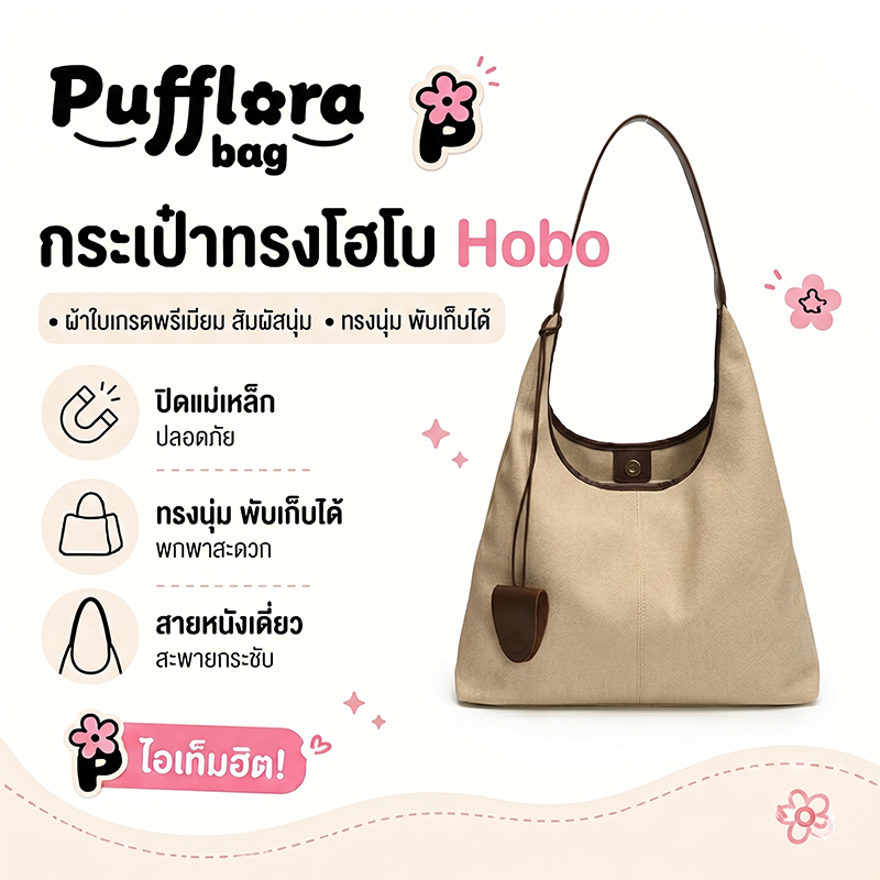 Pufflora กระเป๋าสะพายข้าง รุ่น Terra Tote หนังPUคุณภาพสูงสไตล์เกาหลี มาพร้อมกระเป๋าใบเล็ก ไซส์ใหญ่ใส่ของจุใจ สัมผัสนุ่ม ทรงสวย