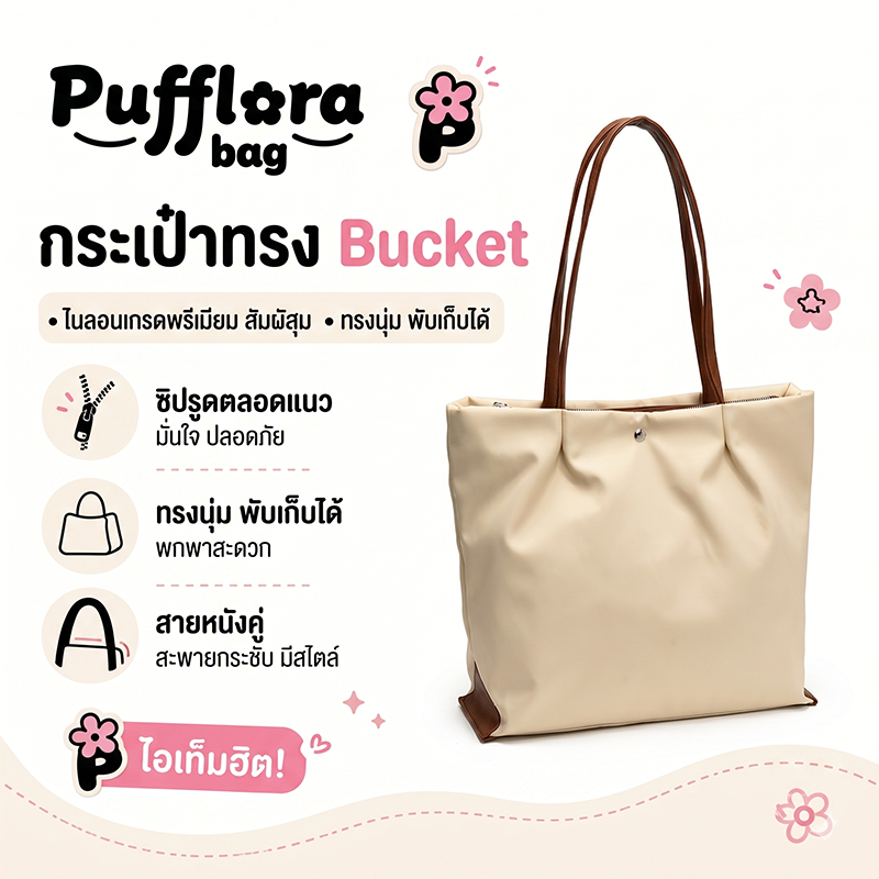 Pufflora กระเป๋าสะพายข้าง รุ่น Cozy Tote กระเป๋าโท้ท กระเป๋าถือ วัสดุกันน้ำ ความจุเยอะ น้ำหนักเบา ช่องซิปปิดมิดชิด สไตล์เกาหลี