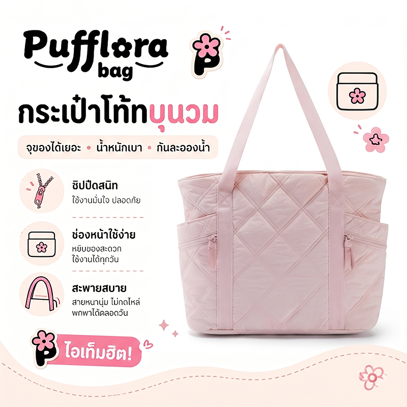 Pufflora กระเป๋าสะพาย รุ่น Diamond Pro กระเป๋าใส่โน๊ตบุ๊ค/iPad ใบใหญ่ จุของเยอะ มีช่องแบ่งหลายช่อง ทรงสวยสไตล์เกาหลี
