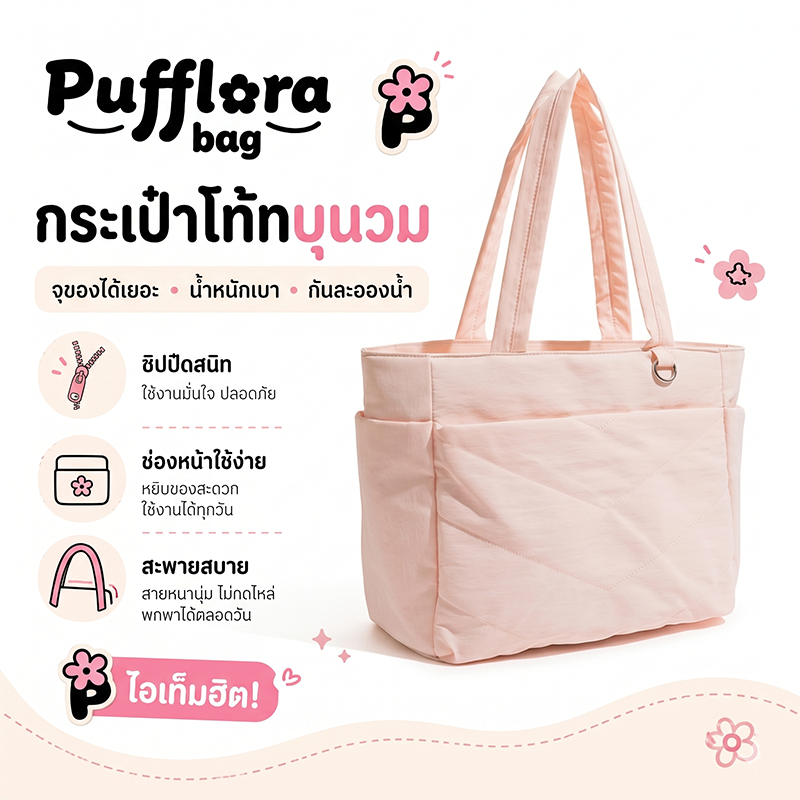Pufflora กระเป๋าผู้หญิง กระเป๋าใส่โน้ตบุ๊ค กระเป๋าสะพายข้าง รุ่น Comfort Tote กระเป๋าโท้ท ใบใหญ่ ใส่Laptop/iPadได้ น้ำหนักเบา ช่องเก็บของหลายช่อง ความจุเยอะ วัสดุกันน้ำ