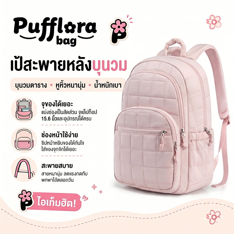 Pufflora กระเป๋าเป้สะพายหลัง รุ่น Cloudy Backpack นุ่ม ไม่เจ็บไหล่ ช่องแยกประเภท ใส่ของได้เยอะ ใส่โน๊ตบุ๊ค 15.6 นิ้วได้