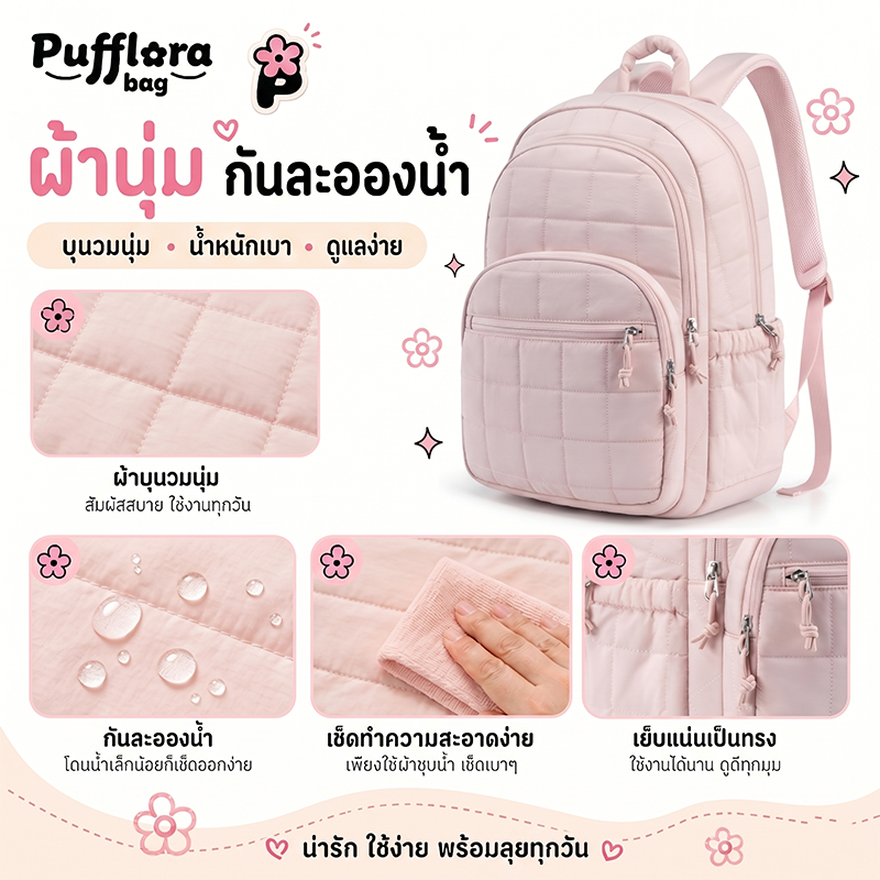 Pufflora กระเป๋าเป้สะพายหลัง รุ่น Cloudy Backpack นุ่ม ไม่เจ็บไหล่ ช่องแยกประเภท ใส่ของได้เยอะ ใส่โน๊ตบุ๊ค 15.6 นิ้วได้