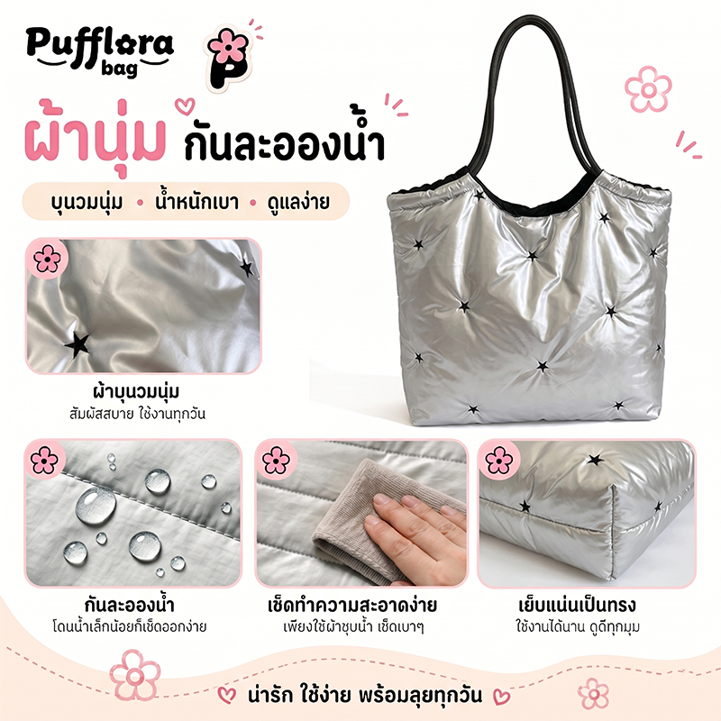 Pufflora กระเป๋าโท้ท กระเป๋าถือ กระเป๋าสะพาย รุ่น Puffy Polaris สีเงินเมทัลลิคสุดล้ำ ประดับดีเทลหมุดดาวสไตล์ Y2K วัสดุหนานุ่ม น้ำหนักเบา พกพาสะดวก