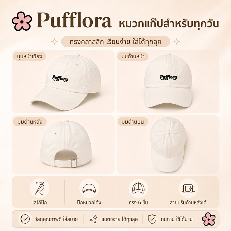 Pufflora หมวกแฟชั่น หมวกแก็ปผู้หญิง หมวกเบสบอล Classic Cap น้ำหนักเบา ใส่สบาย ไม่กดทับศีรษะ สายปรับระดับได้