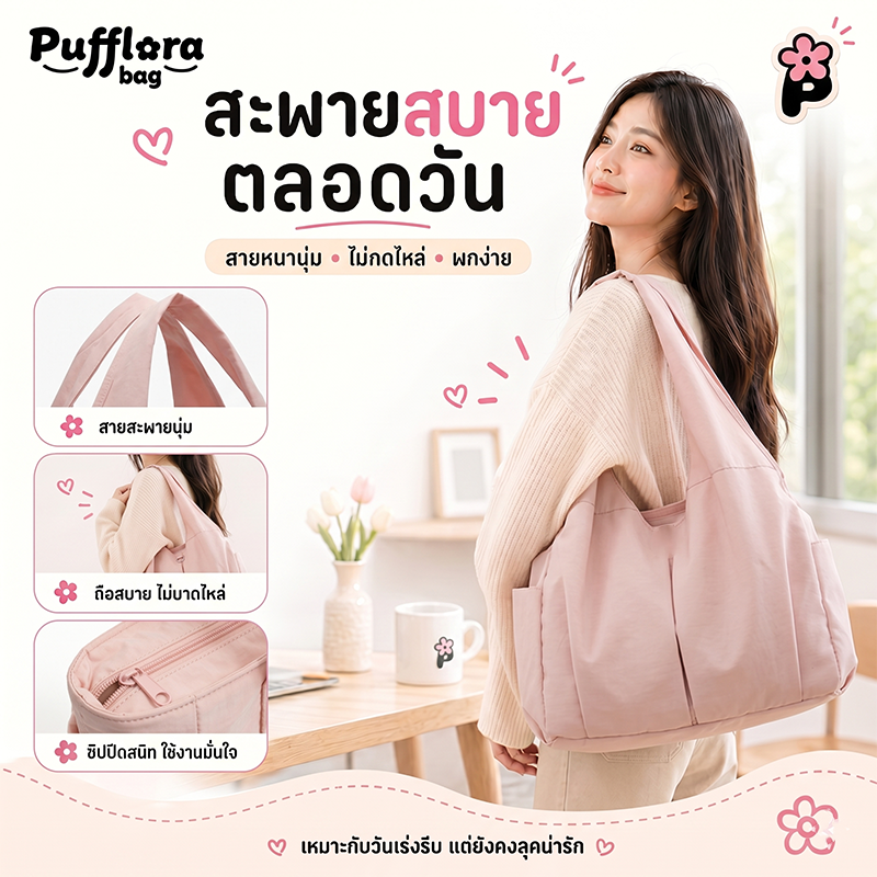 Pufflora กระเป๋าสะพายไหล่ ทรงถุงสุดฮิต รุ่น Minimalist Bag ใบใหญ่ ใส่ของเยอะ มีช่องจัดระเบียบ  น้ำหนักเบา มีซิปปิด แมทช์ได้กับทุกชุด