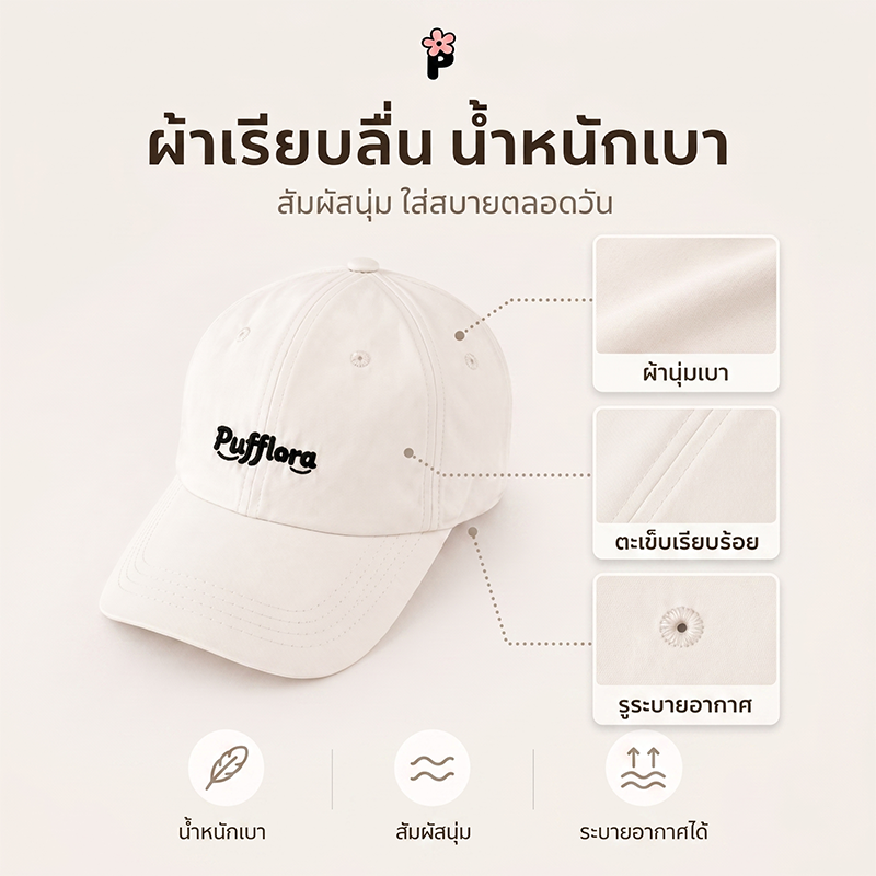 Pufflora หมวกแฟชั่น หมวกแก็ปผู้หญิง หมวกเบสบอล Classic Cap น้ำหนักเบา ใส่สบาย ไม่กดทับศีรษะ สายปรับระดับได้