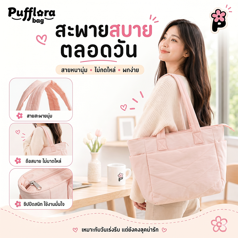 Pufflora กระเป๋าผู้หญิง กระเป๋าใส่โน้ตบุ๊ค กระเป๋าสะพายข้าง รุ่น Comfort Tote กระเป๋าโท้ท ใบใหญ่ ใส่Laptop/iPadได้ น้ำหนักเบา ช่องเก็บของหลายช่อง ความจุเยอะ วัสดุกันน้ำ