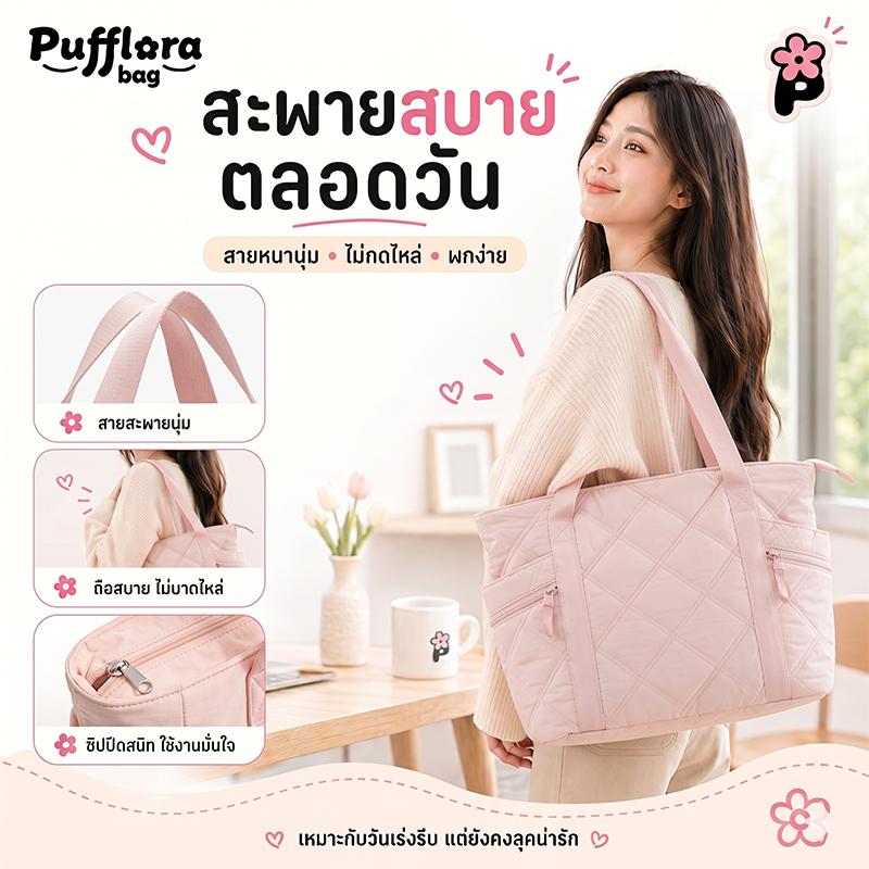 Pufflora กระเป๋าสะพาย รุ่น Diamond Pro กระเป๋าใส่โน๊ตบุ๊ค/iPad ใบใหญ่ จุของเยอะ มีช่องแบ่งหลายช่อง ทรงสวยสไตล์เกาหลี