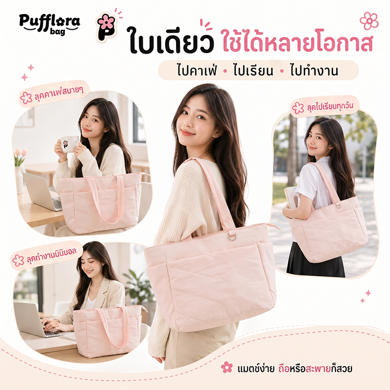 Pufflora กระเป๋าผู้หญิง กระเป๋าใส่โน้ตบุ๊ค กระเป๋าสะพายข้าง รุ่น Comfort Tote กระเป๋าโท้ท ใบใหญ่ ใส่Laptop/iPadได้ น้ำหนักเบา ช่องเก็บของหลายช่อง ความจุเยอะ วัสดุกันน้ำ