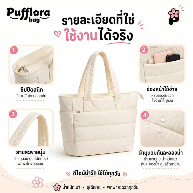 Pufflora กระเป๋าใส่โน้ตบุ๊ค กระเป๋าโท้ท รุ่น Signature Puffer กระเป๋าสะพายข้าง ใบใหญ่ ใส่Laptop/iPadได้ น้ำหนักเบา ช่องเก็บของหลายช่อง ความจุเยอะ วัสดุกันน้ำ