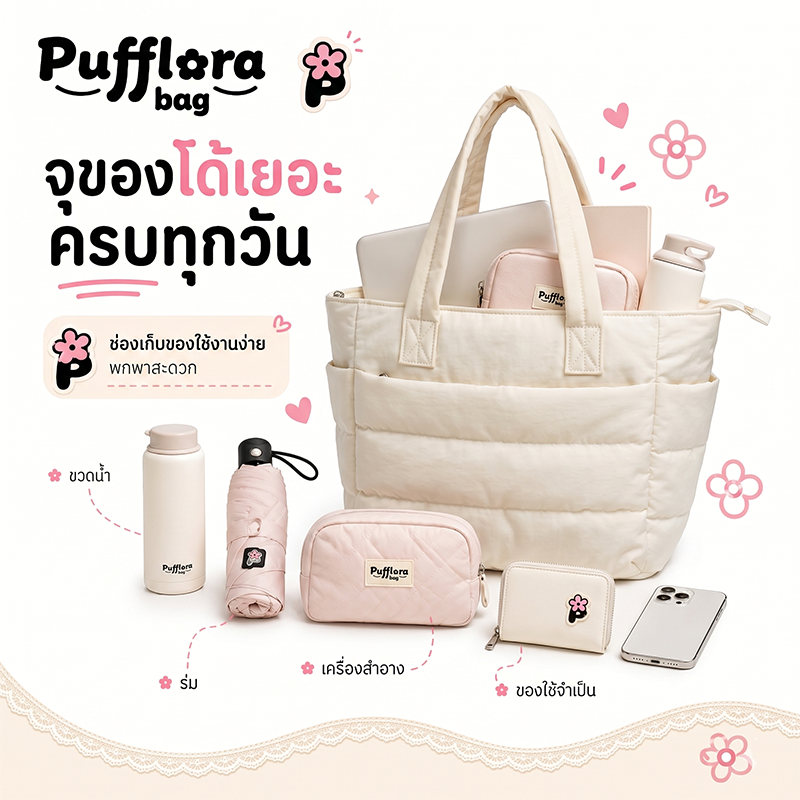 Pufflora กระเป๋าใส่โน้ตบุ๊ค กระเป๋าโท้ท รุ่น Signature Puffer กระเป๋าสะพายข้าง ใบใหญ่ ใส่Laptop/iPadได้ น้ำหนักเบา ช่องเก็บของหลายช่อง ความจุเยอะ วัสดุกันน้ำ