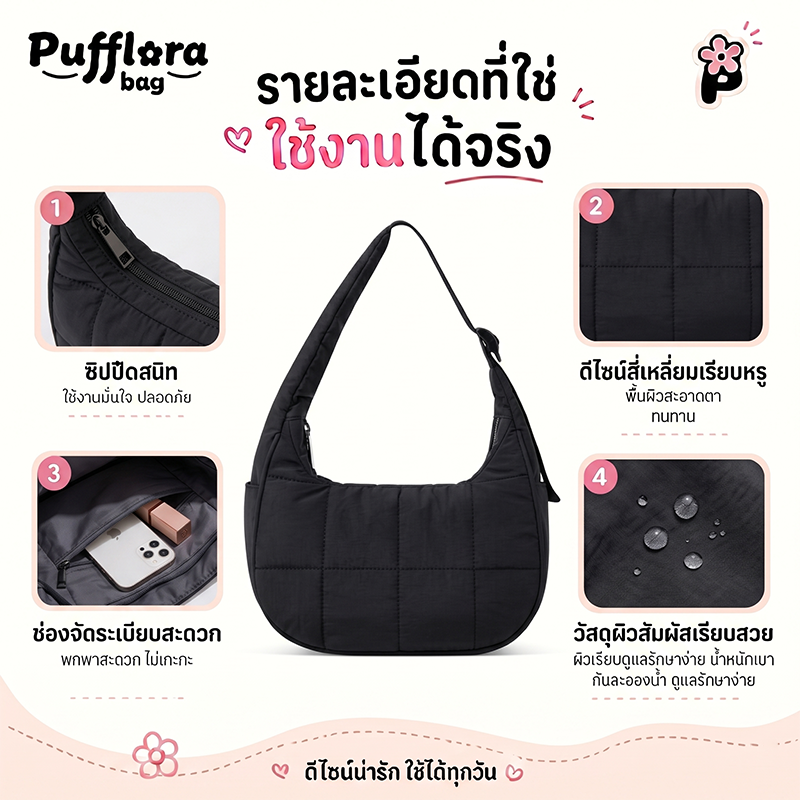 Pufflora กระเป๋าสะพาย กระเป๋าครอสบอดี้ รุ่น Luna Crossbody Bag ใส่ของได้เยอะ สายปรับระดับได้ พกพาสะดวก