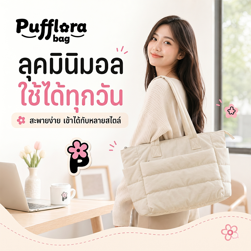 Pufflora กระเป๋าใส่โน้ตบุ๊ค กระเป๋าโท้ท รุ่น Signature Puffer กระเป๋าสะพายข้าง ใบใหญ่ ใส่Laptop/iPadได้ น้ำหนักเบา ช่องเก็บของหลายช่อง ความจุเยอะ วัสดุกันน้ำ