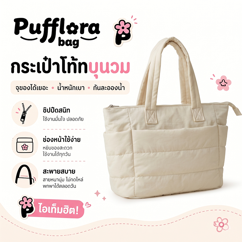 Pufflora กระเป๋าใส่โน้ตบุ๊ค กระเป๋าโท้ท รุ่น Signature Puffer กระเป๋าสะพายข้าง ใบใหญ่ ใส่Laptop/iPadได้ น้ำหนักเบา ช่องเก็บของหลายช่อง ความจุเยอะ วัสดุกันน้ำ