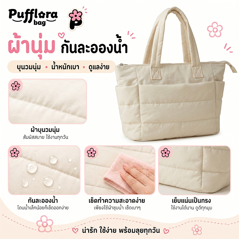 Pufflora กระเป๋าใส่โน้ตบุ๊ค กระเป๋าโท้ท รุ่น Signature Puffer กระเป๋าสะพายข้าง ใบใหญ่ ใส่Laptop/iPadได้ น้ำหนักเบา ช่องเก็บของหลายช่อง ความจุเยอะ วัสดุกันน้ำ