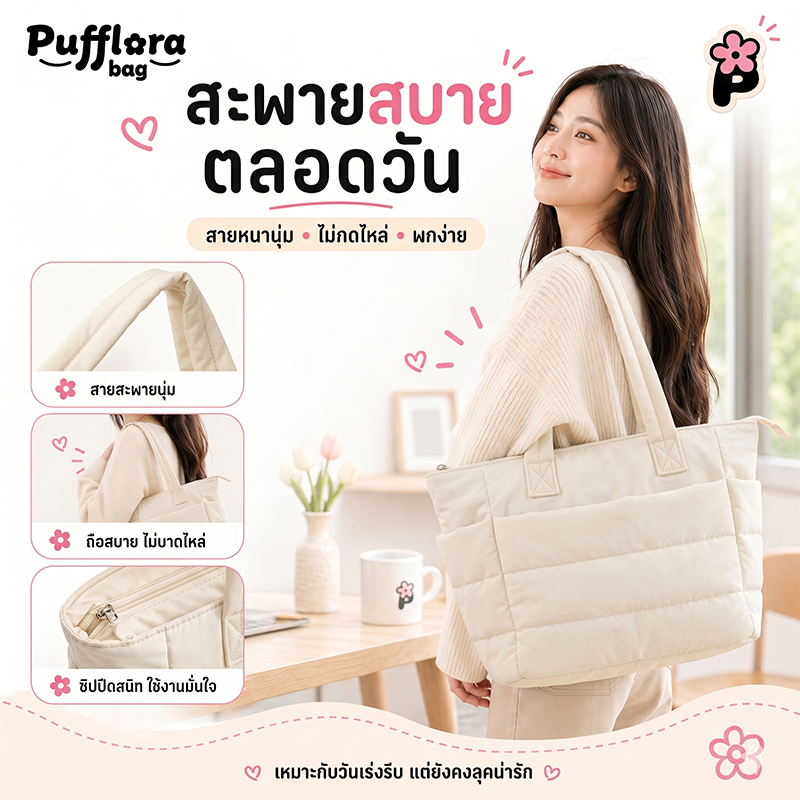 Pufflora กระเป๋าใส่โน้ตบุ๊ค กระเป๋าโท้ท รุ่น Signature Puffer กระเป๋าสะพายข้าง ใบใหญ่ ใส่Laptop/iPadได้ น้ำหนักเบา ช่องเก็บของหลายช่อง ความจุเยอะ วัสดุกันน้ำ