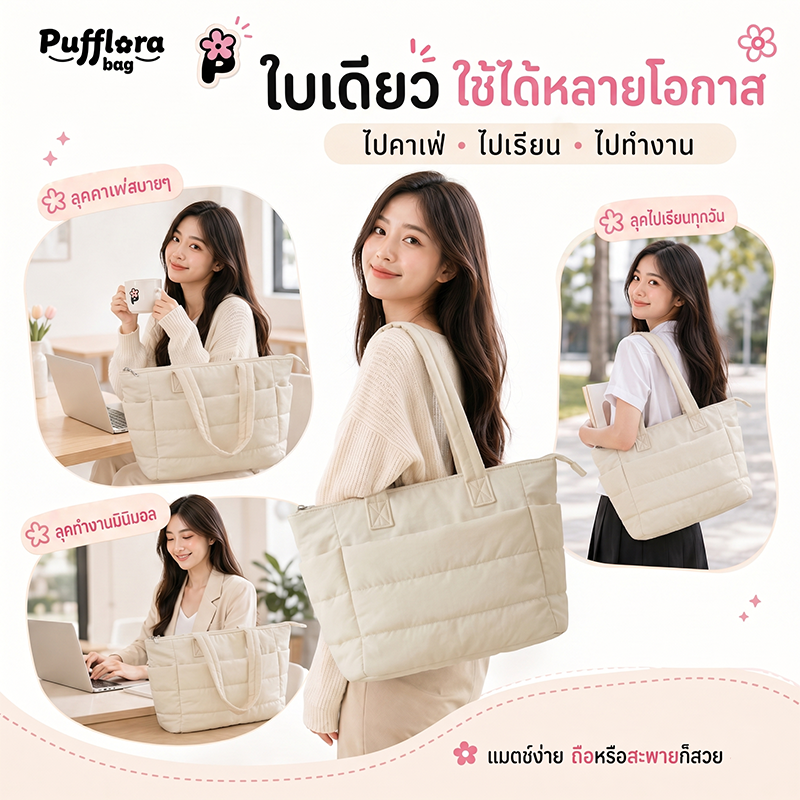 Pufflora กระเป๋าใส่โน้ตบุ๊ค กระเป๋าโท้ท รุ่น Signature Puffer กระเป๋าสะพายข้าง ใบใหญ่ ใส่Laptop/iPadได้ น้ำหนักเบา ช่องเก็บของหลายช่อง ความจุเยอะ วัสดุกันน้ำ