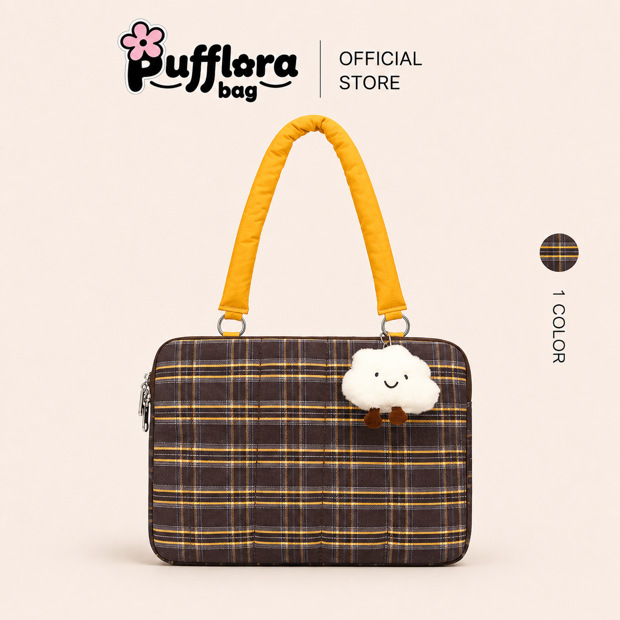 Pufflora กระเป๋าใส่โน๊ตบุ๊ค กระเป๋าแล็ปท็อป กระเป๋าไอแพด รุ่น Cloudy Plaid กระเป๋าบุนวมกันกระแทก ลายสก็อต มาพร้อมพวงกุญแจน่ารัก